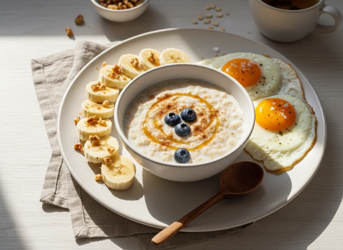 Завтрак с овсянкой, яйцами и бананом photo