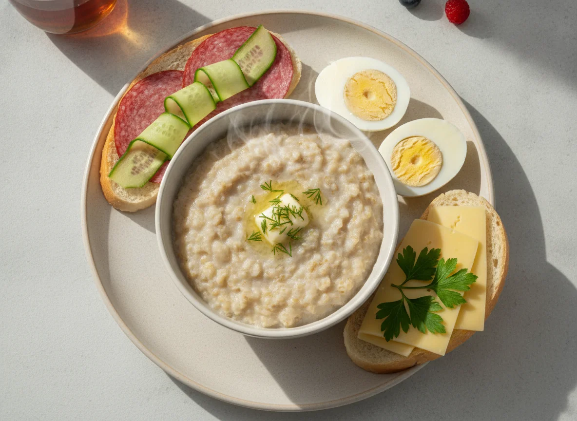 Завтрак с овсянкой, яйцами и бутербродами photo