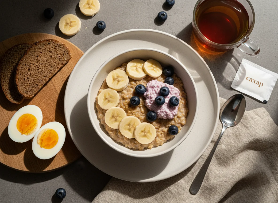 Завтрак с овсянкой, яйцами и фруктами photo