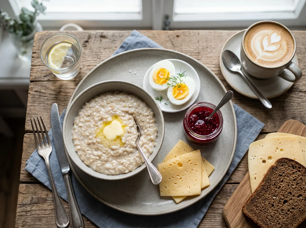 Завтрак с овсянкой, яйцами и кофе photo