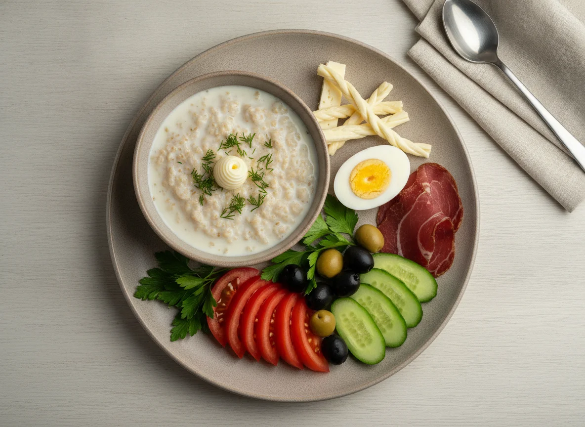 Завтрак с овсянкой, яйцами и овощами photo