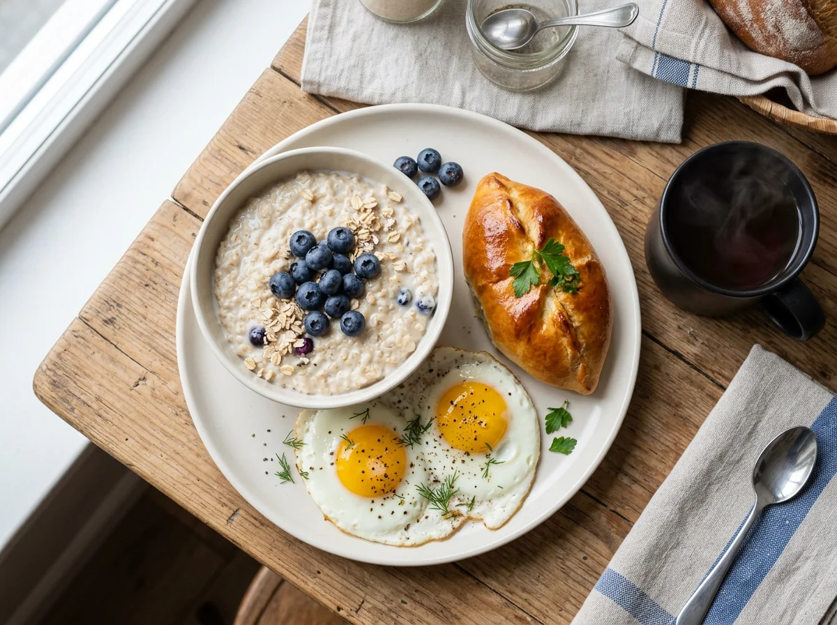 Завтрак с овсянкой, яйцами и пирожком photo