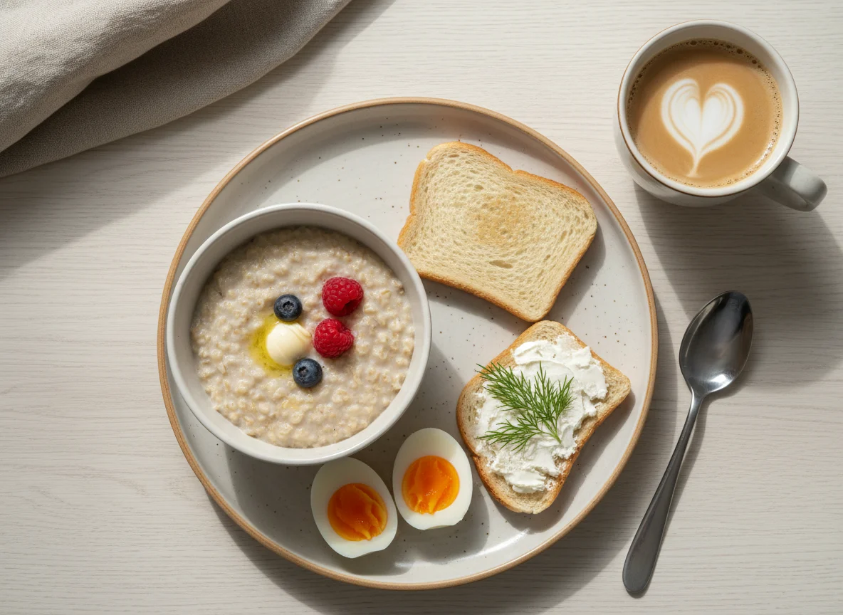 Завтрак с овсянкой, яйцами и тостом photo