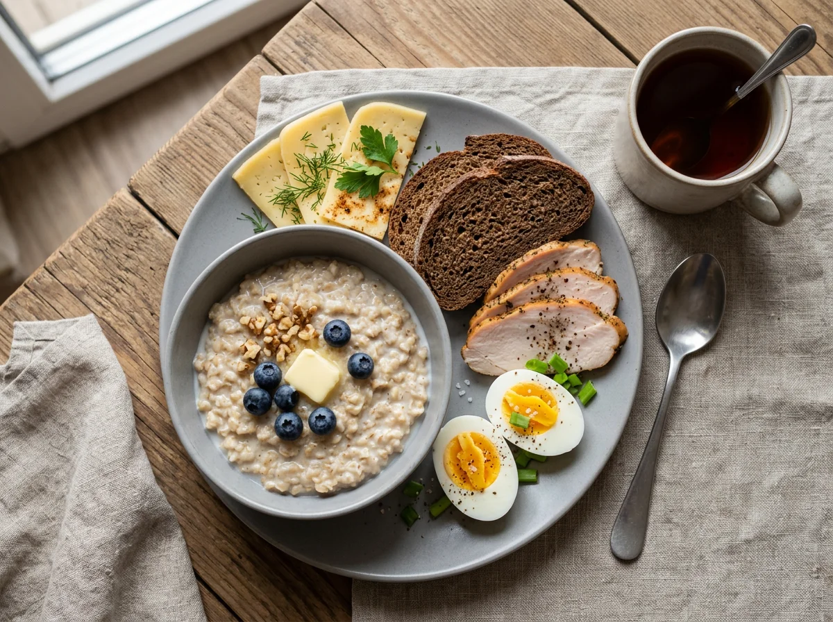 Завтрак с овсянкой, яйцами, курицей и бутербродом photo