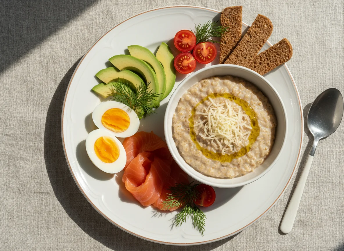 Завтрак с овсянкой, яйцами, лососем и овощами photo