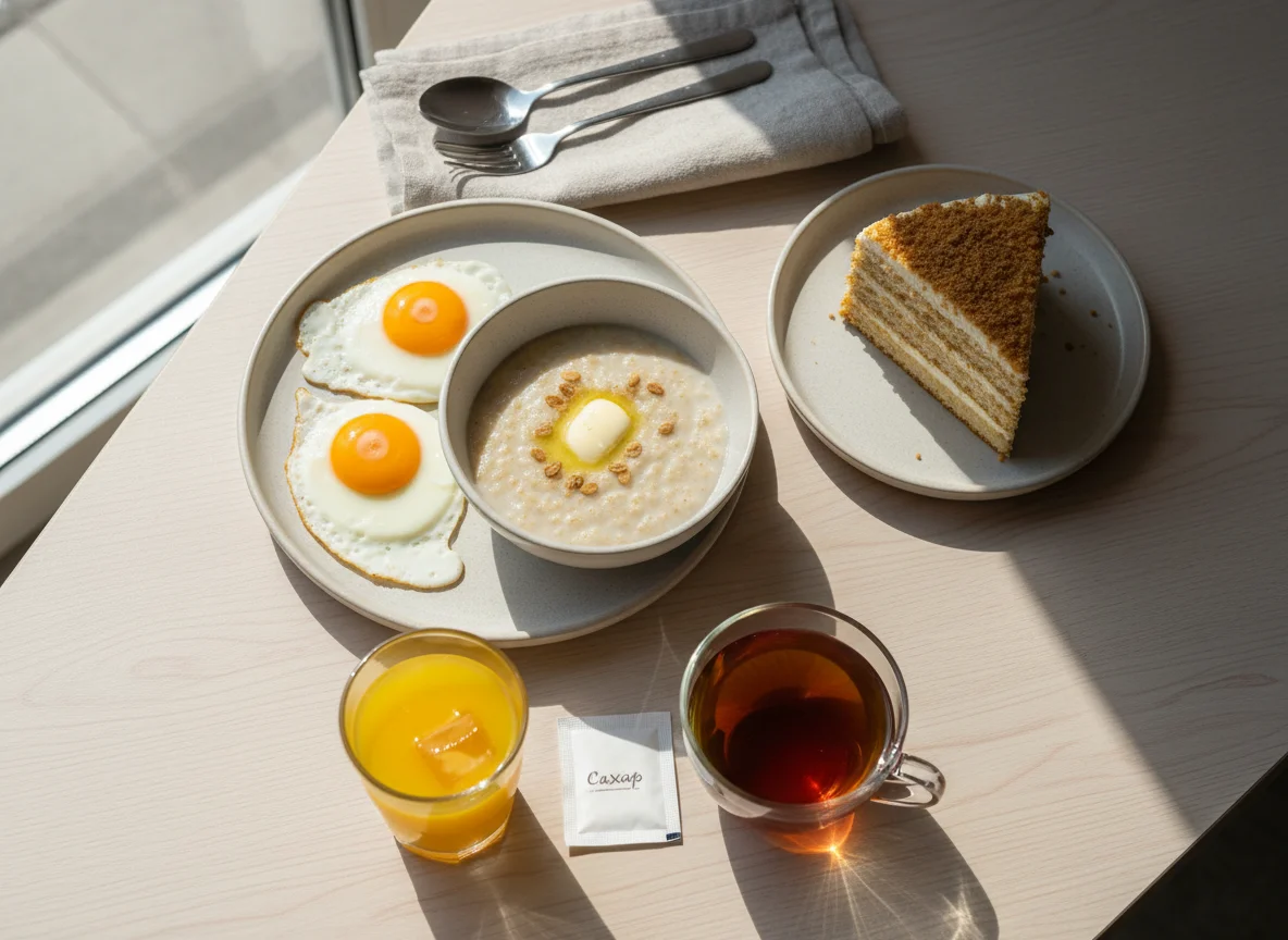 Завтрак с овсянкой, яйцами, тортом и напитками photo