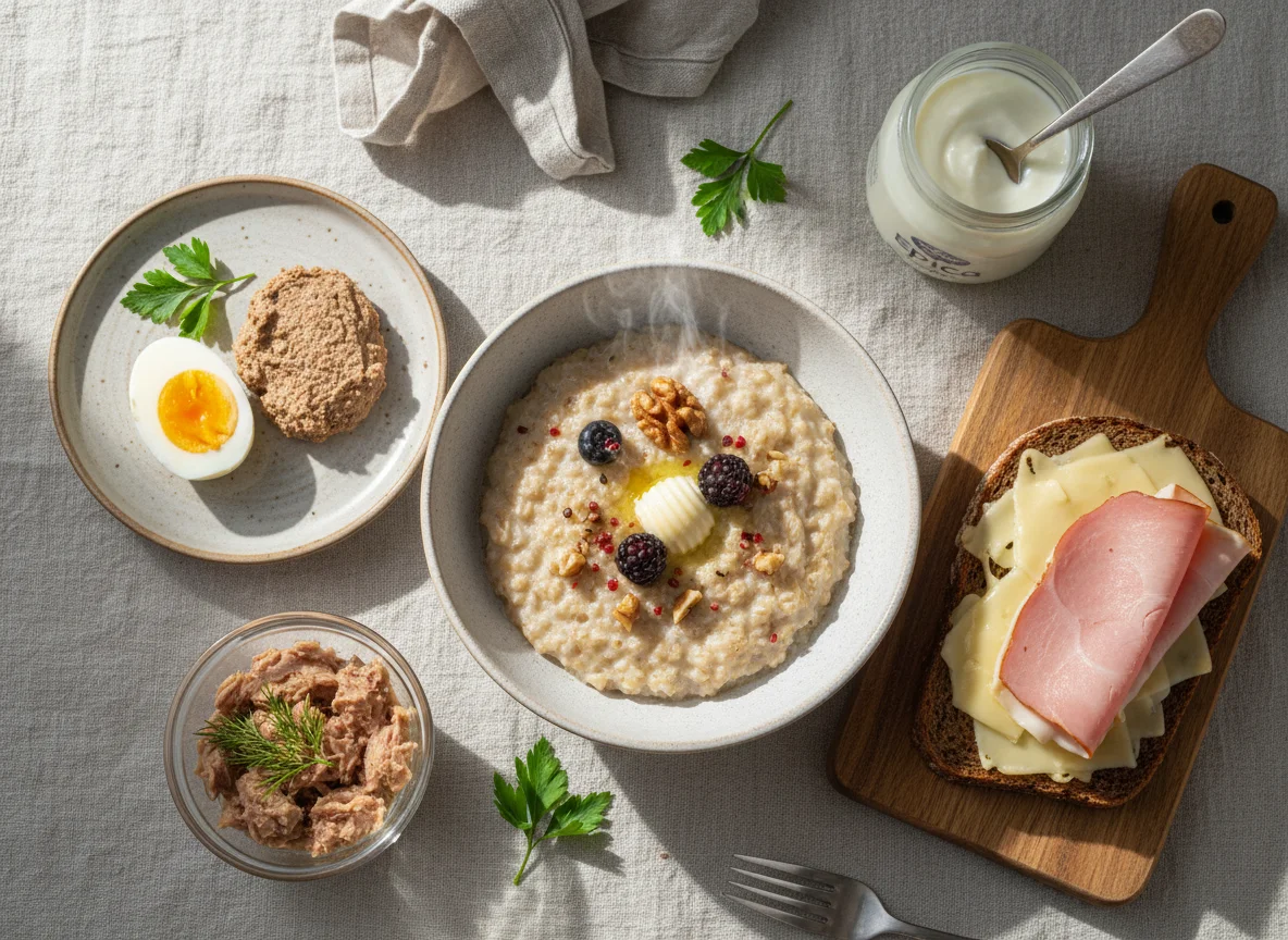 Завтрак с овсянкой, яйцами, тунцом и бутербродом photo