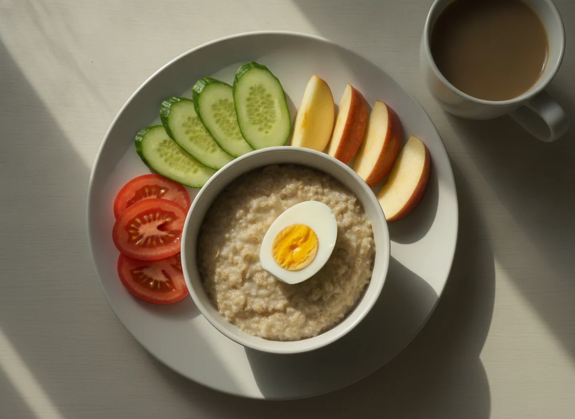 Завтрак с овсянкой, яйцом и овощами photo