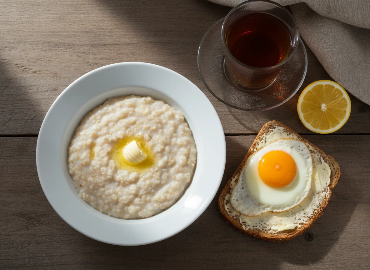 Завтрак с овсянкой, яйцом и тостом photo