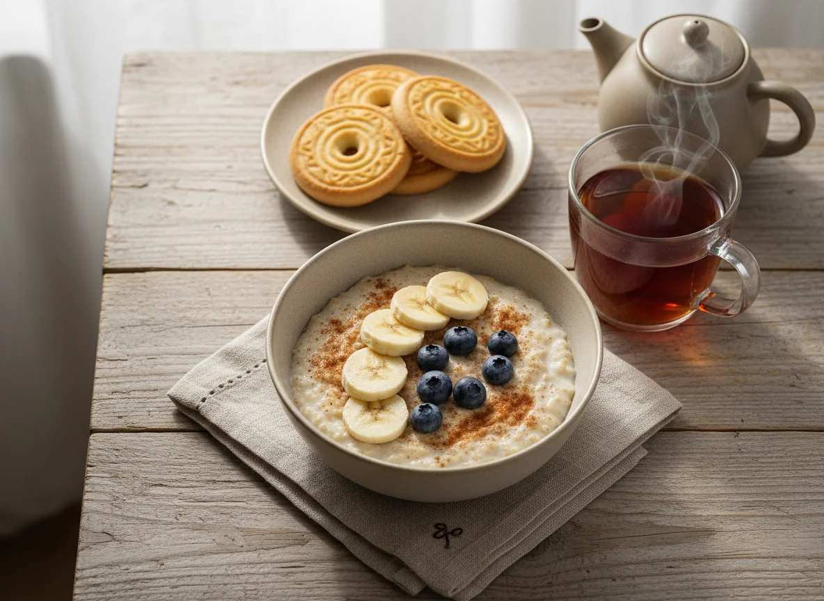 Завтрак с овсянкой, бананом и чаем photo