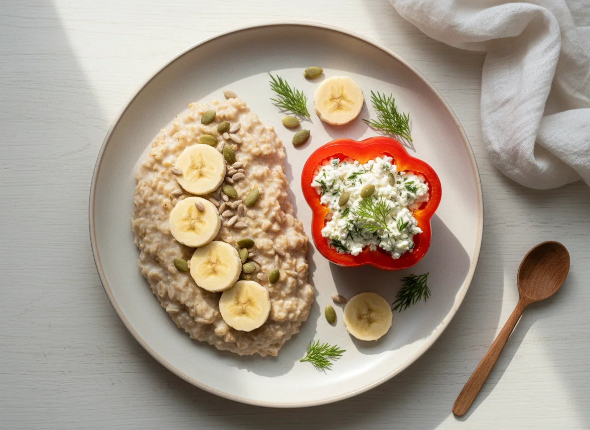 Завтрак с овсянкой, бананом и фаршированным перцем photo
