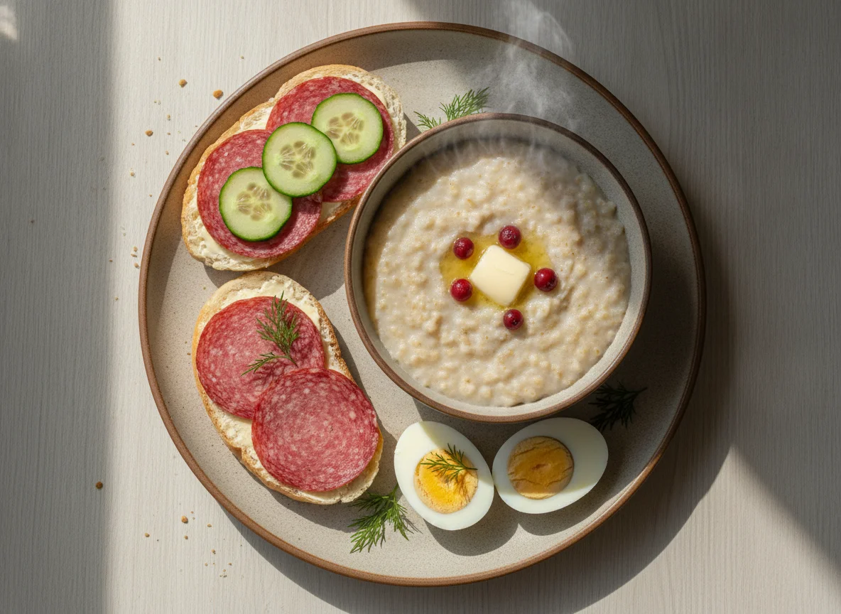 Завтрак с овсянкой, бутербродами и яйцами photo