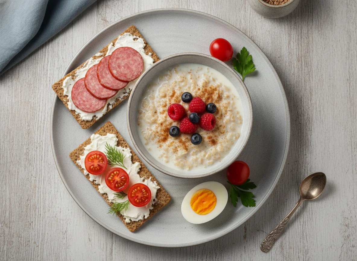 Завтрак с овсянкой, бутербродами и яйцом photo