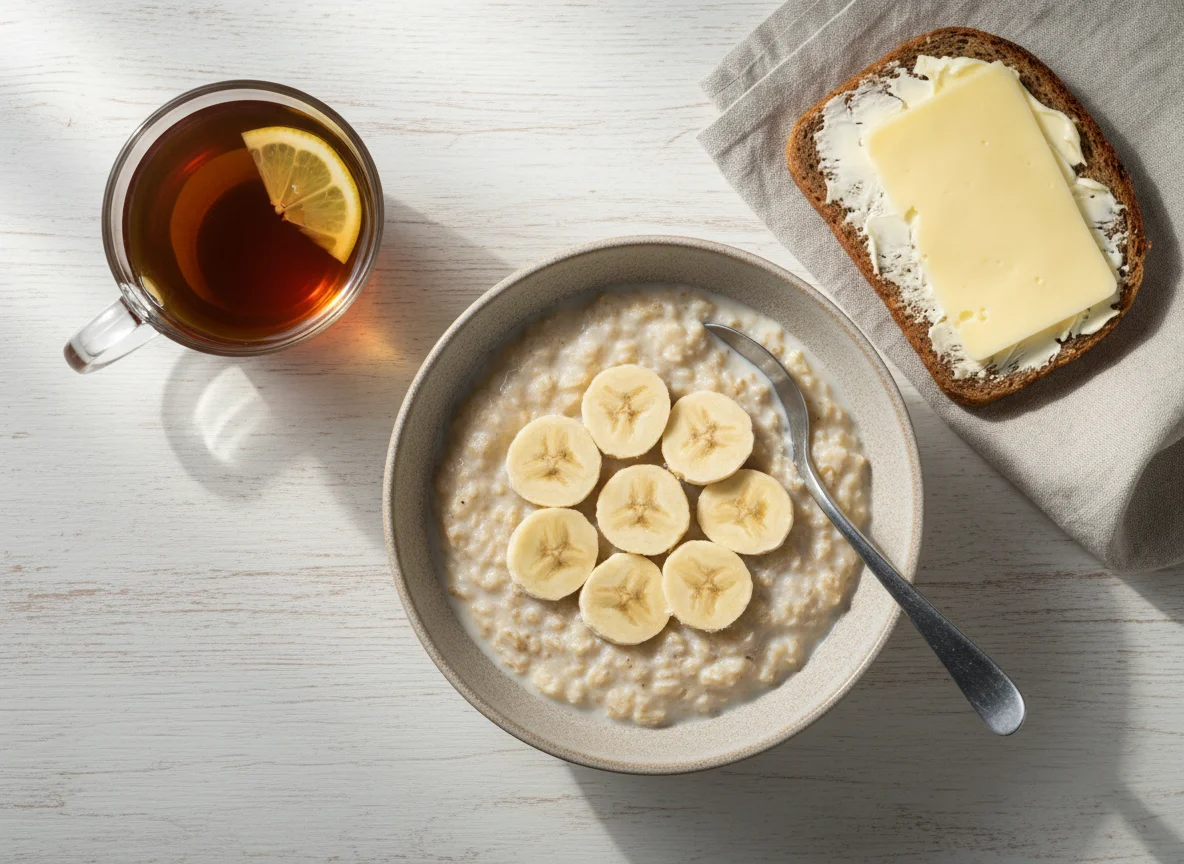 Завтрак с овсянкой, бутербродом и чаем photo