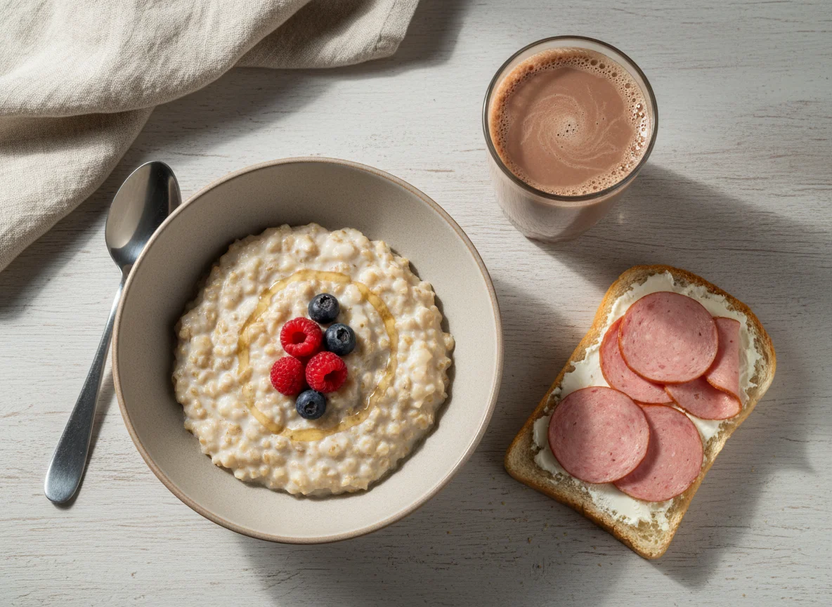 Завтрак с овсянкой, бутербродом и напитком photo