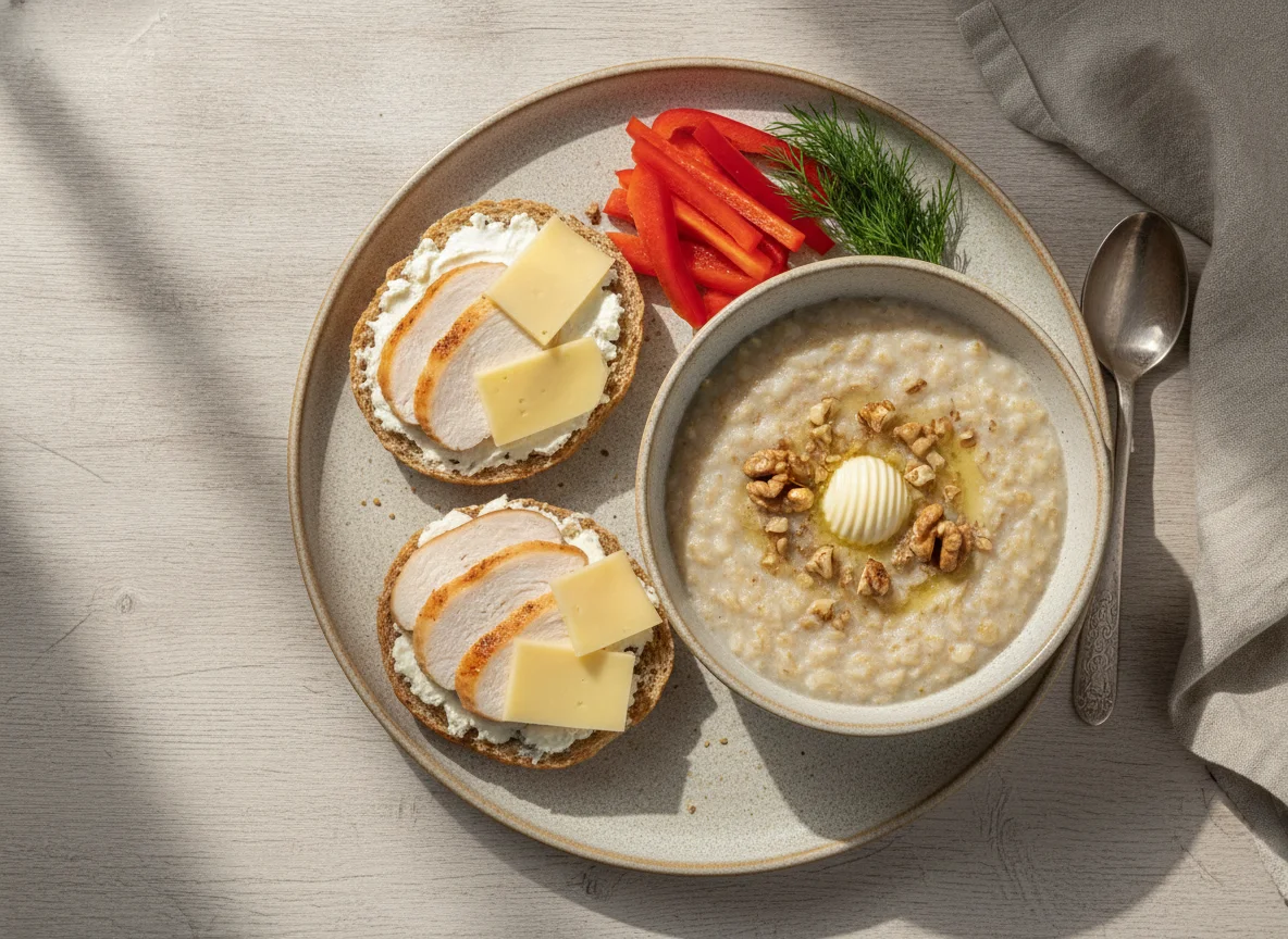 Завтрак с овсянкой, бутербродом и овощами photo