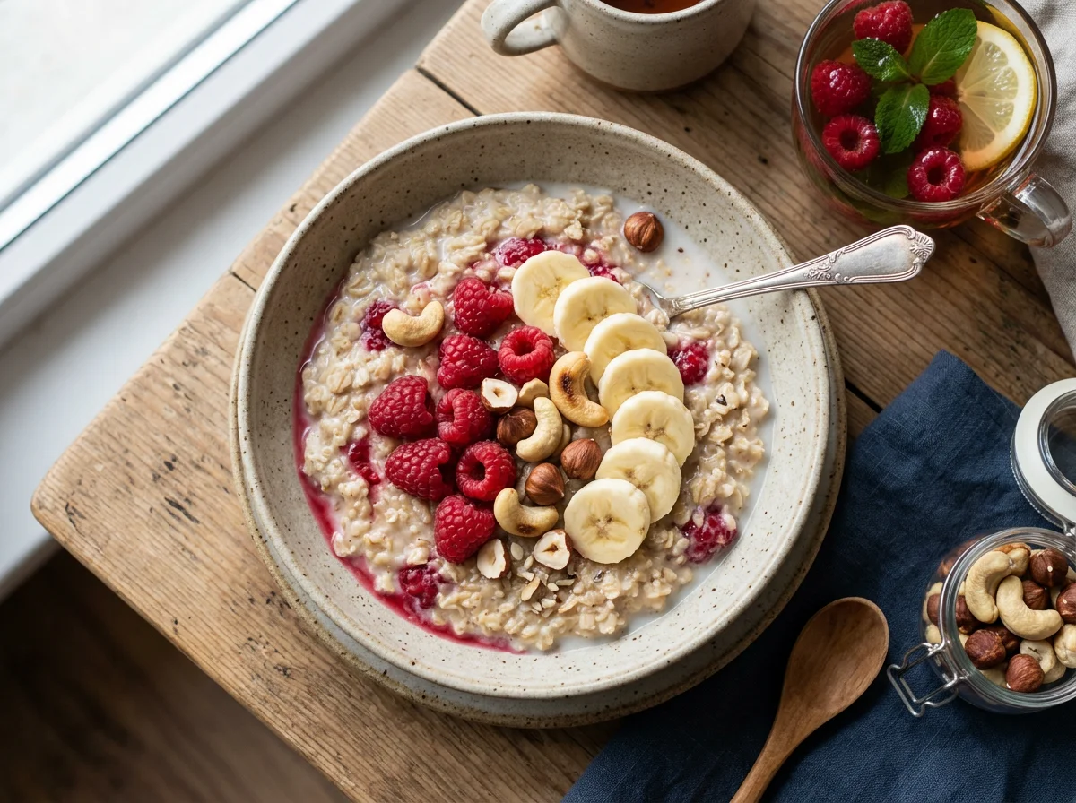 Завтрак с овсянкой, фруктами и орехами photo