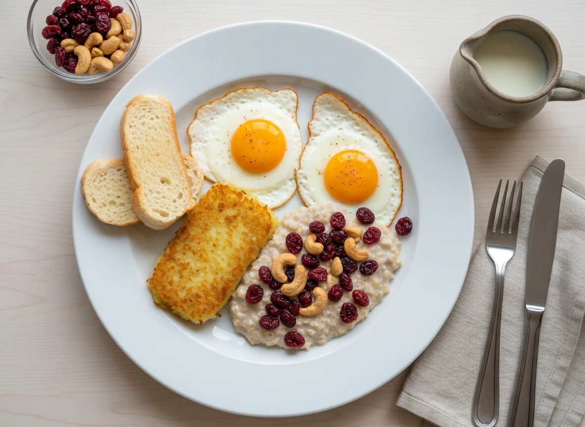 Завтрак с овсянкой и яичницей photo