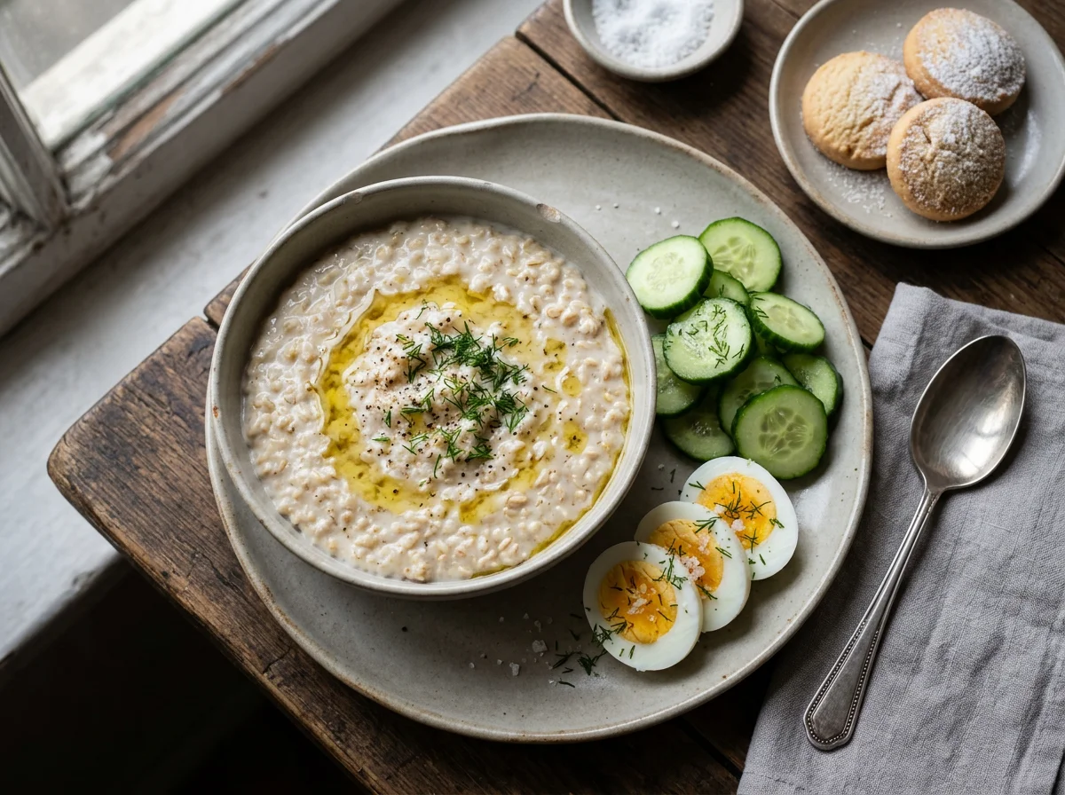 Завтрак с овсянкой и яйцами photo