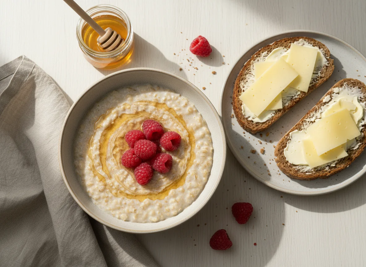 Завтрак с овсянкой и бутербродами photo