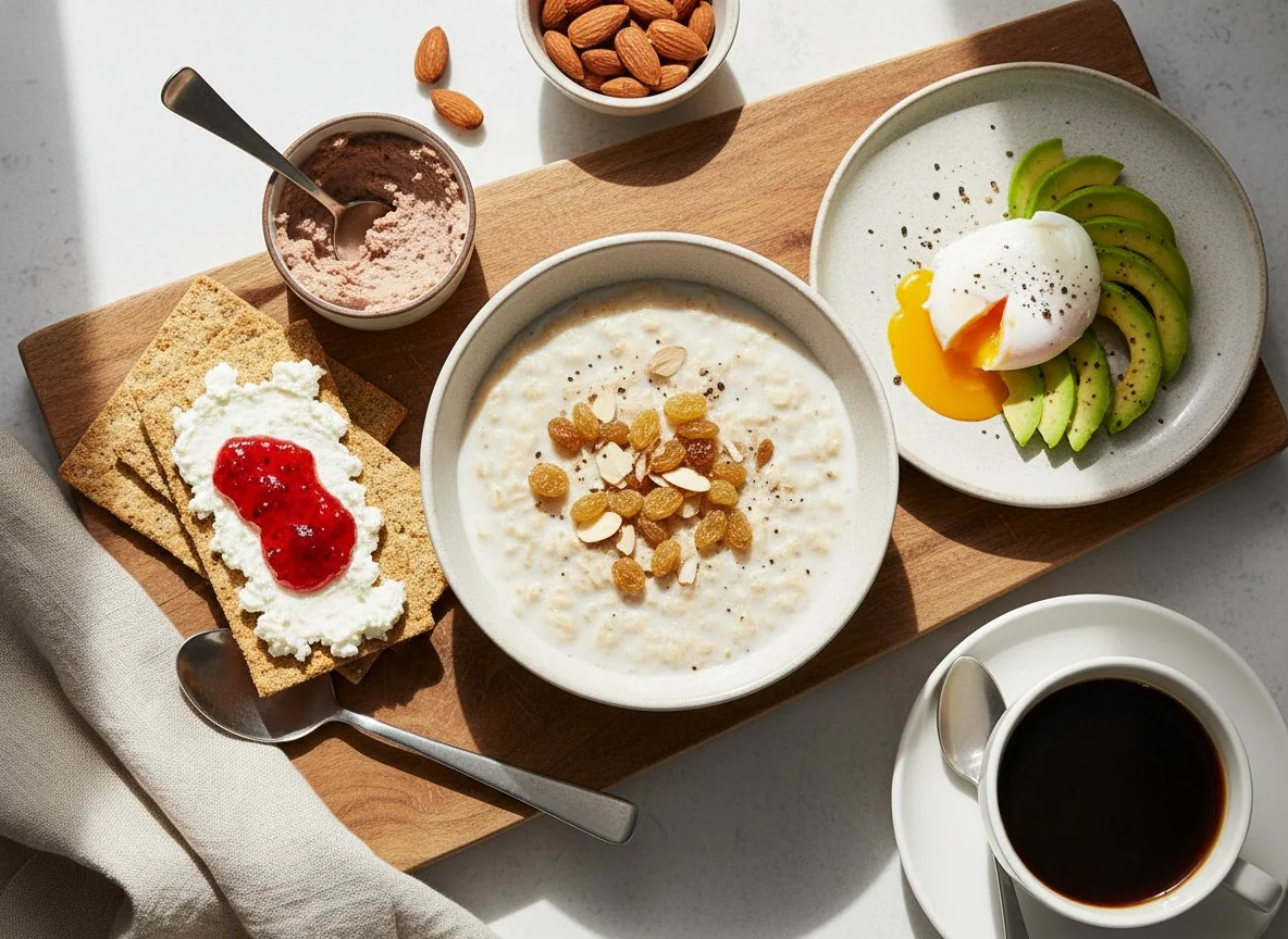 Завтрак с овсянкой и тостами photo