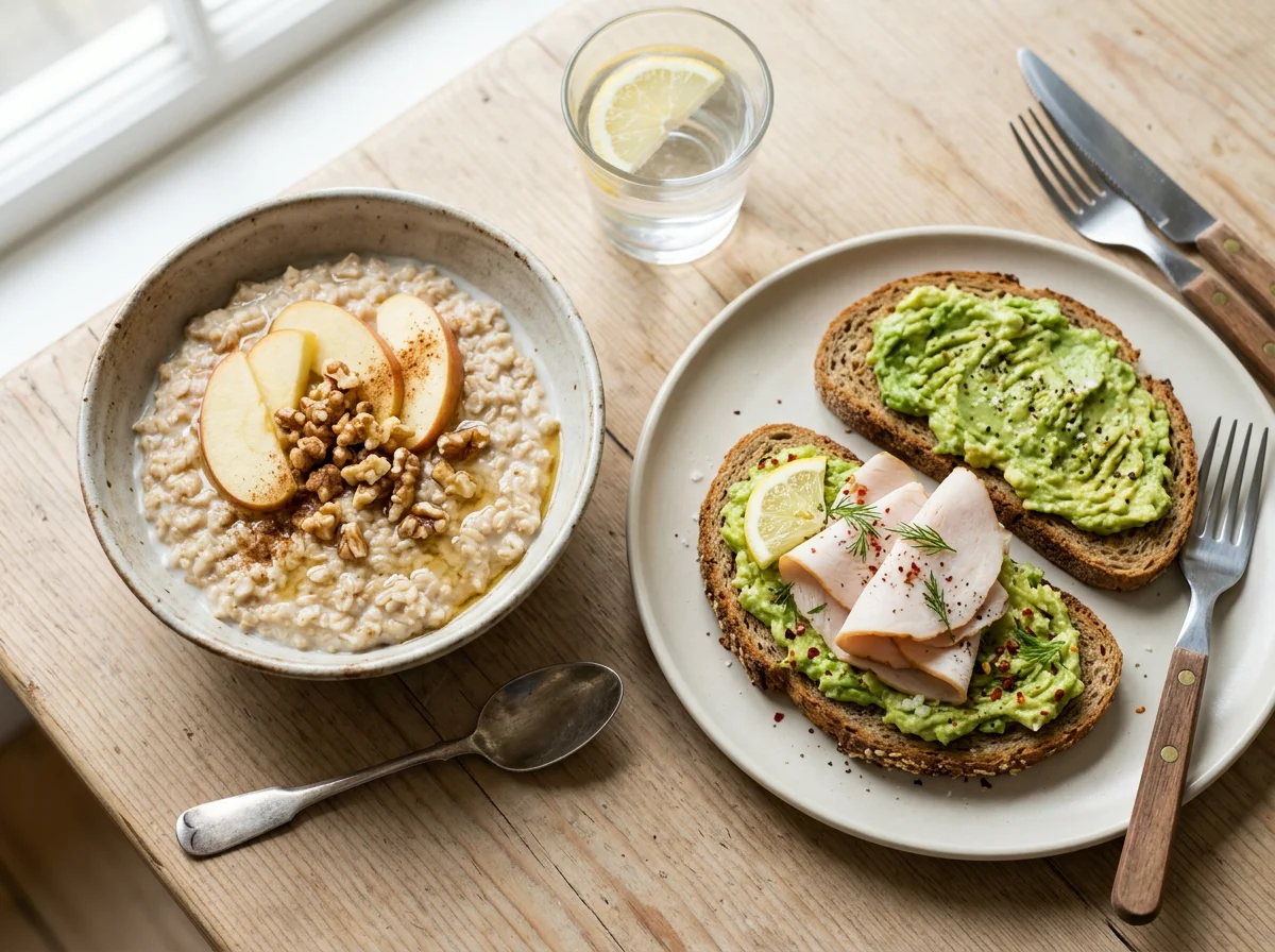Завтрак с овсянкой и тостом с авокадо photo