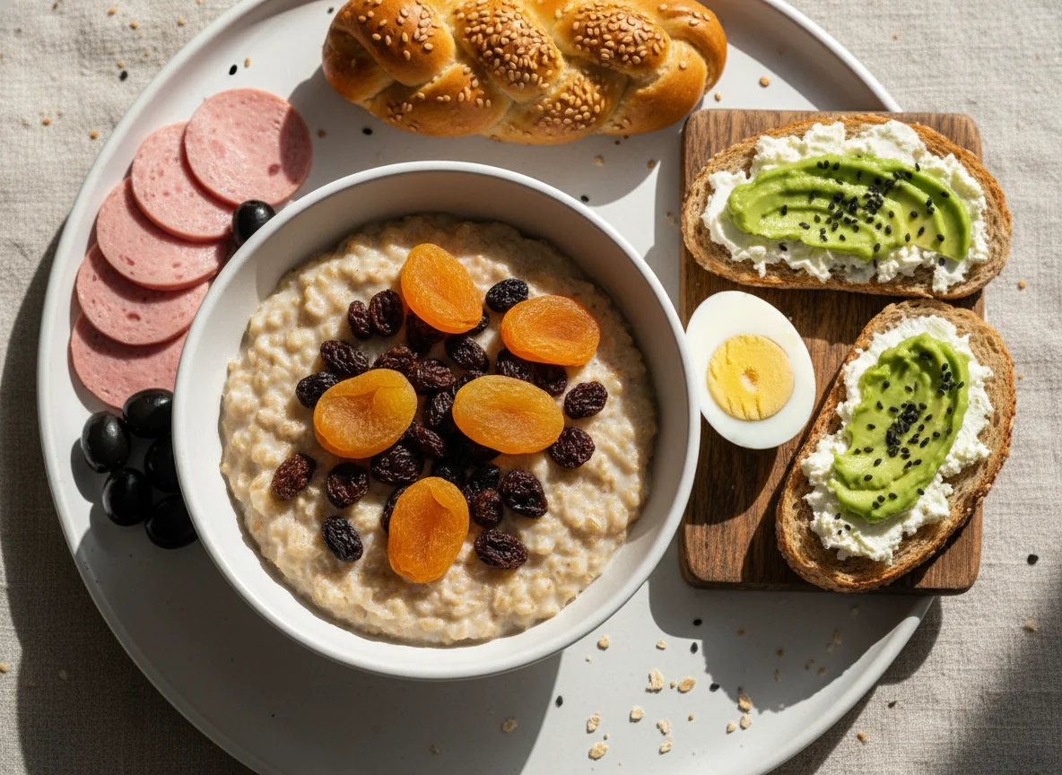 Завтрак с овсянкой и тостом photo