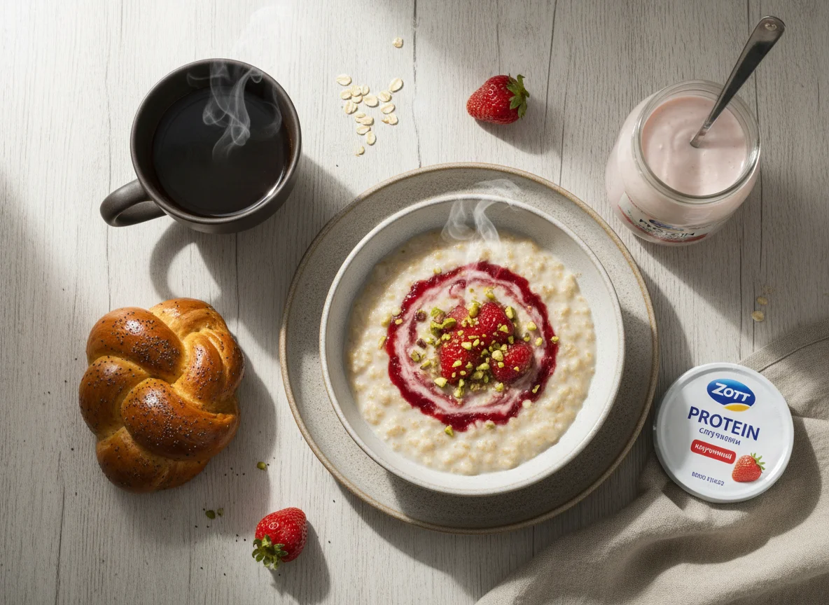 Завтрак с овсянкой, йогуртом и кофе photo