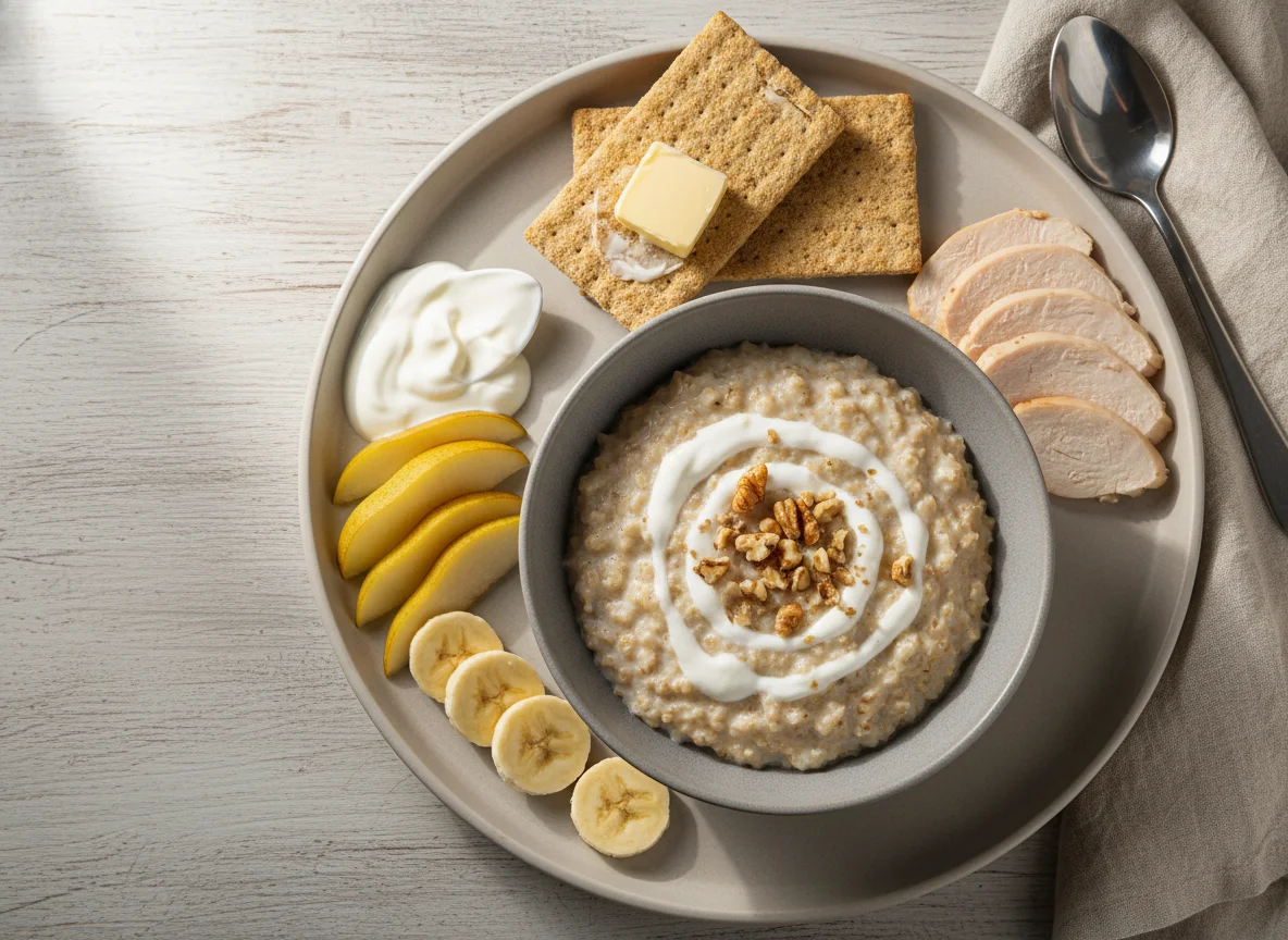 Завтрак с овсянкой, курицей и фруктовым йогуртом photo