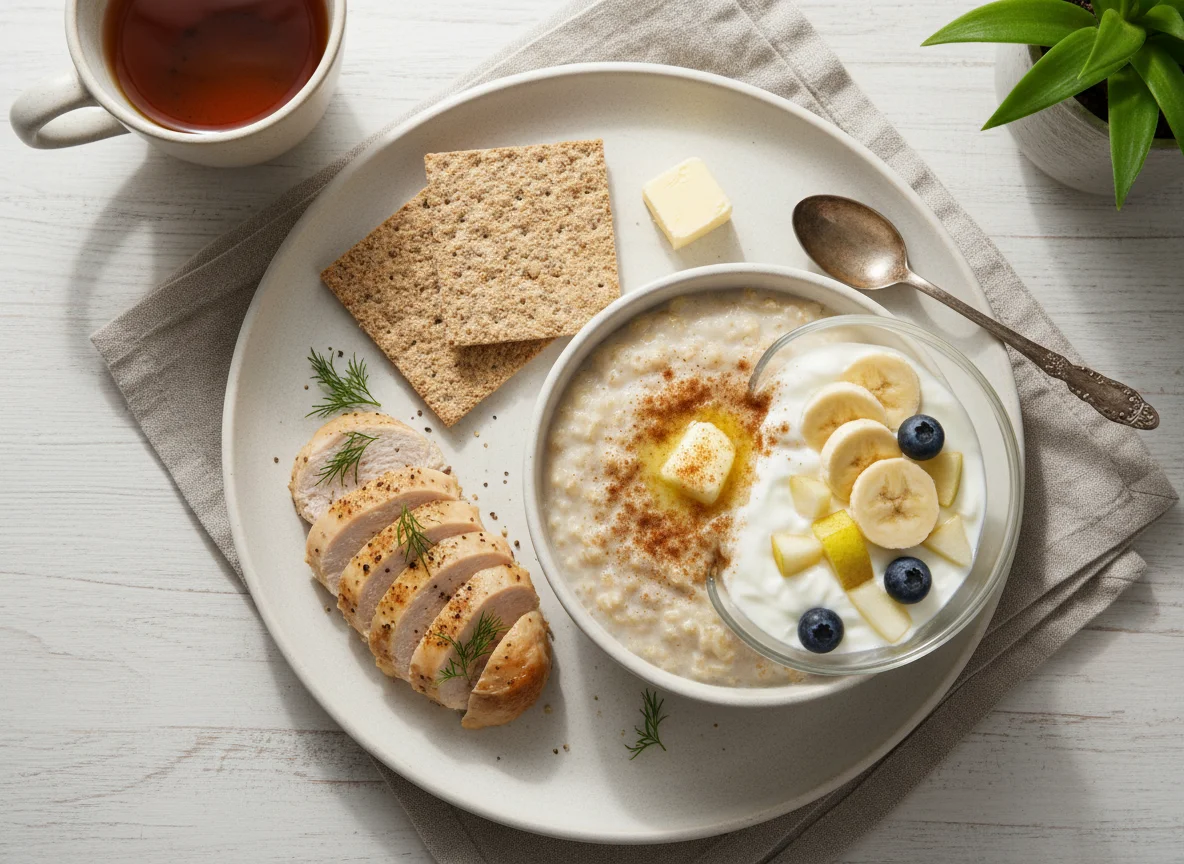 Завтрак с овсянкой, курицей и йогуртом с фруктами photo