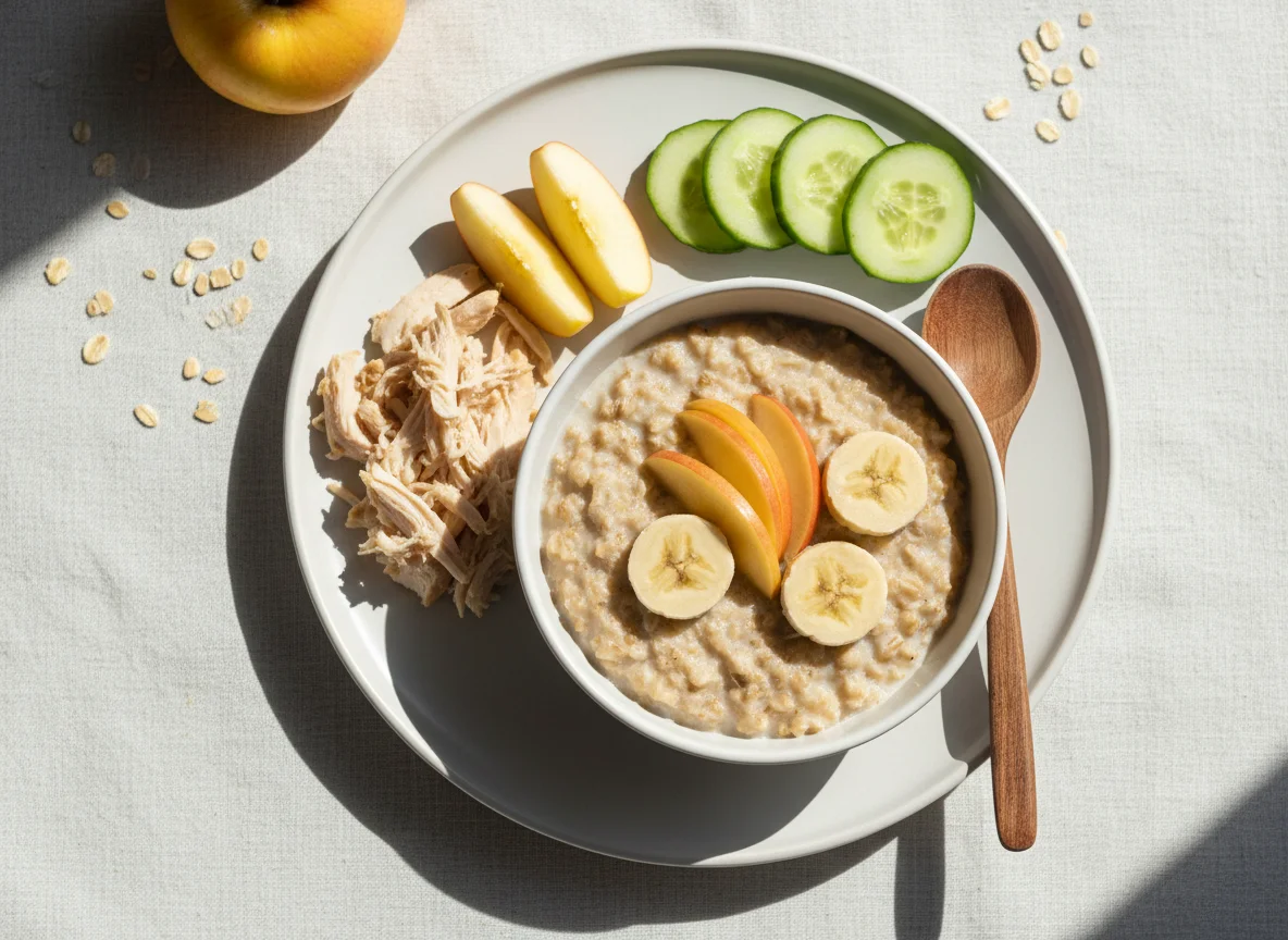 Завтрак с овсянкой, курицей и овощами photo