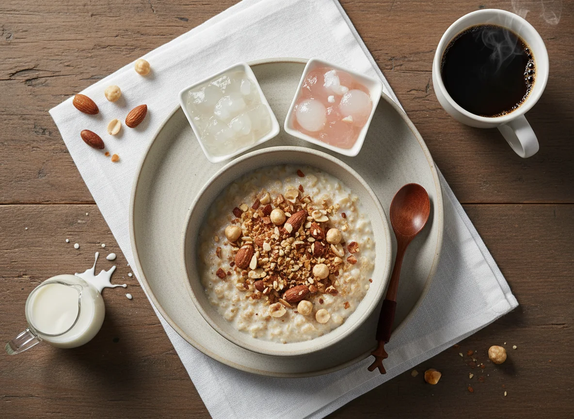 Завтрак с овсянкой, орехами, кофе и фруктовым желе photo