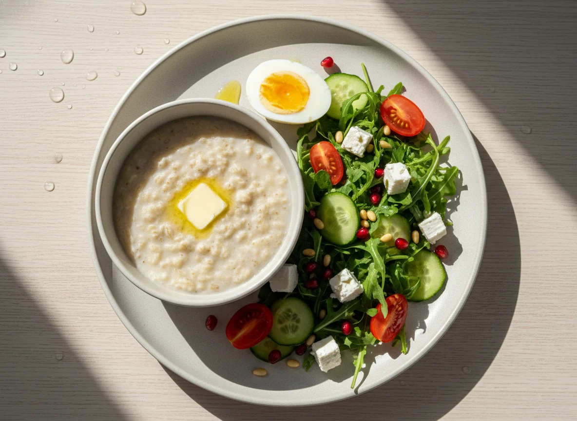 Завтрак с овсянкой, салатом и яйцом photo