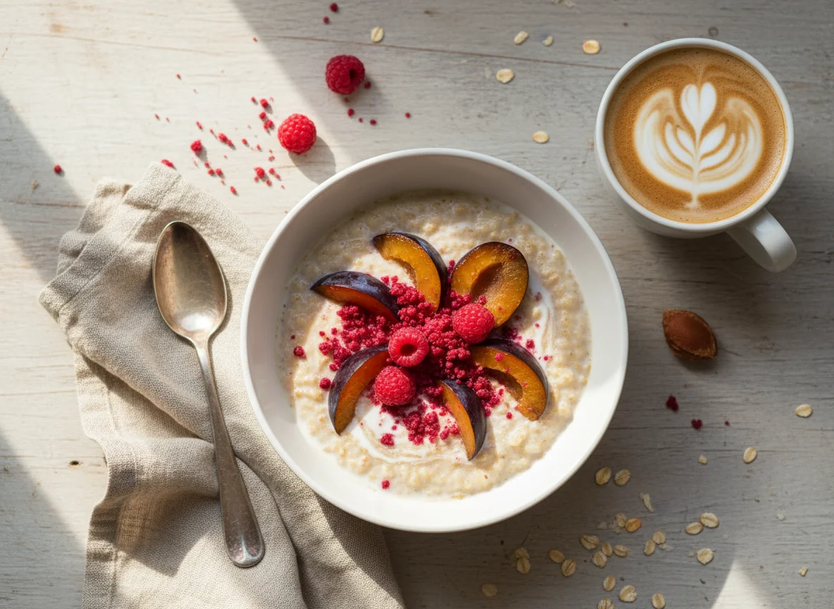 Завтрак с овсянкой, сливами и кофе photo