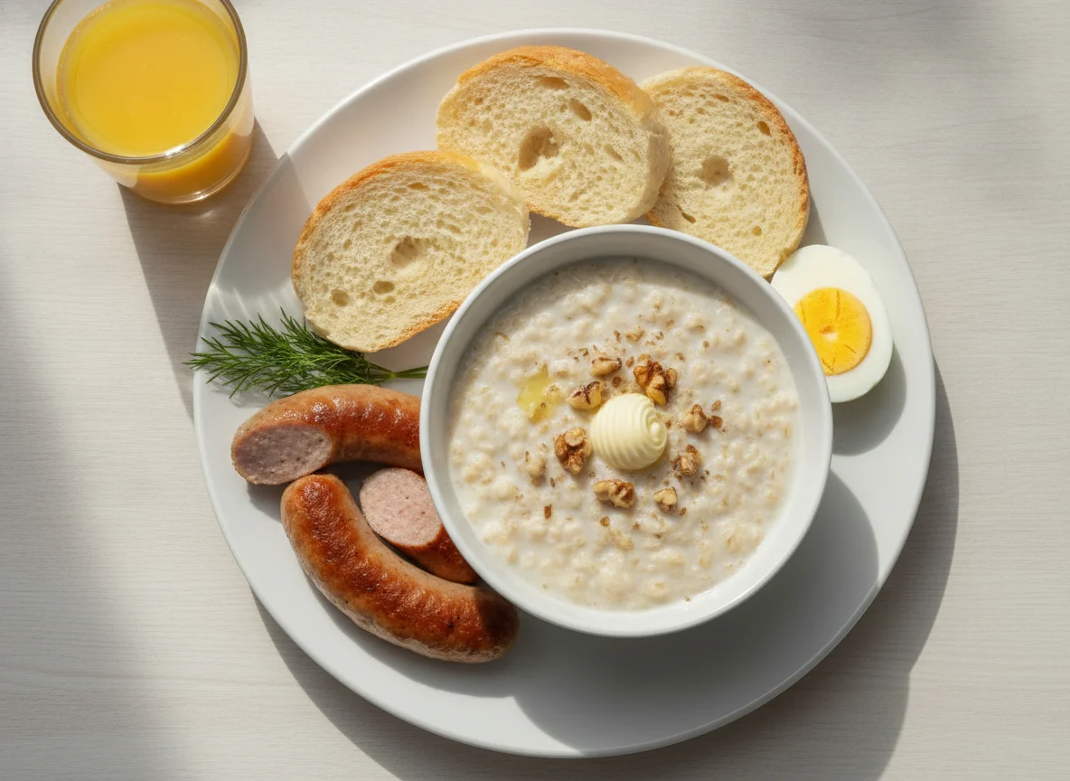 Завтрак с овсянкой, сосисками и яйцами photo