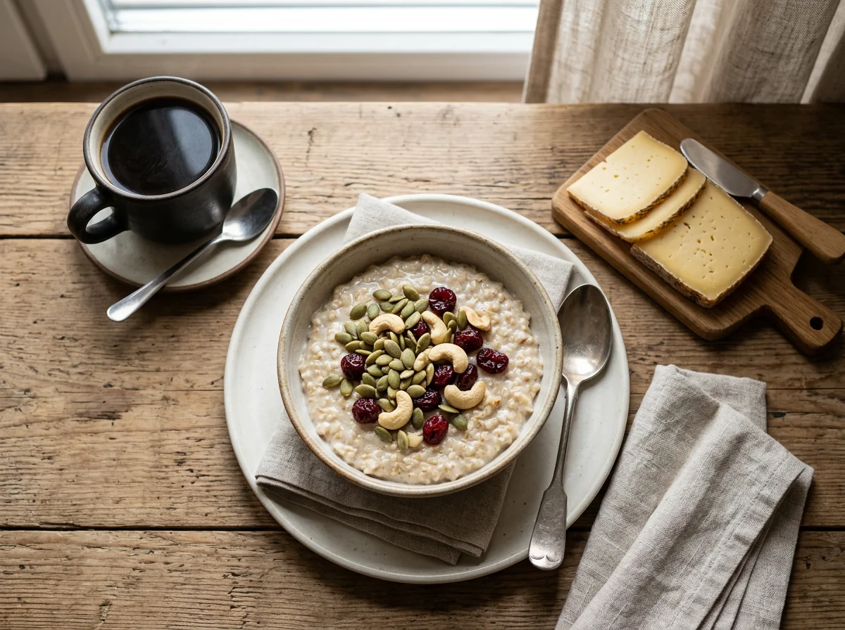 Завтрак с овсянкой, сыром и кофе photo