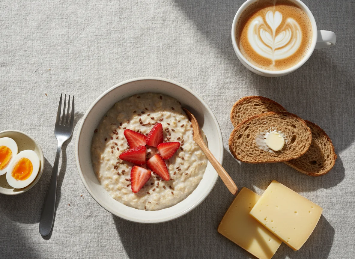 Завтрак с овсянкой, тостами и яйцами photo