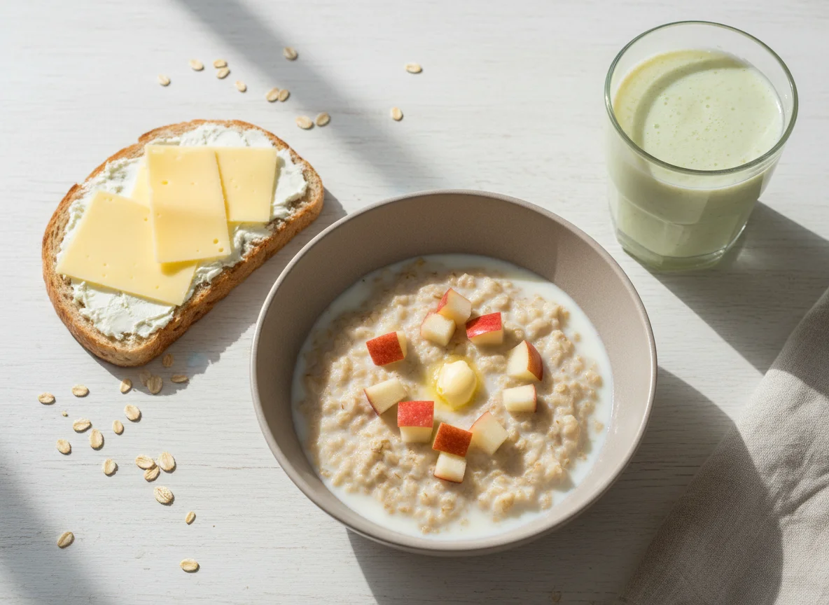 Завтрак с овсянкой, тостом и смузи photo