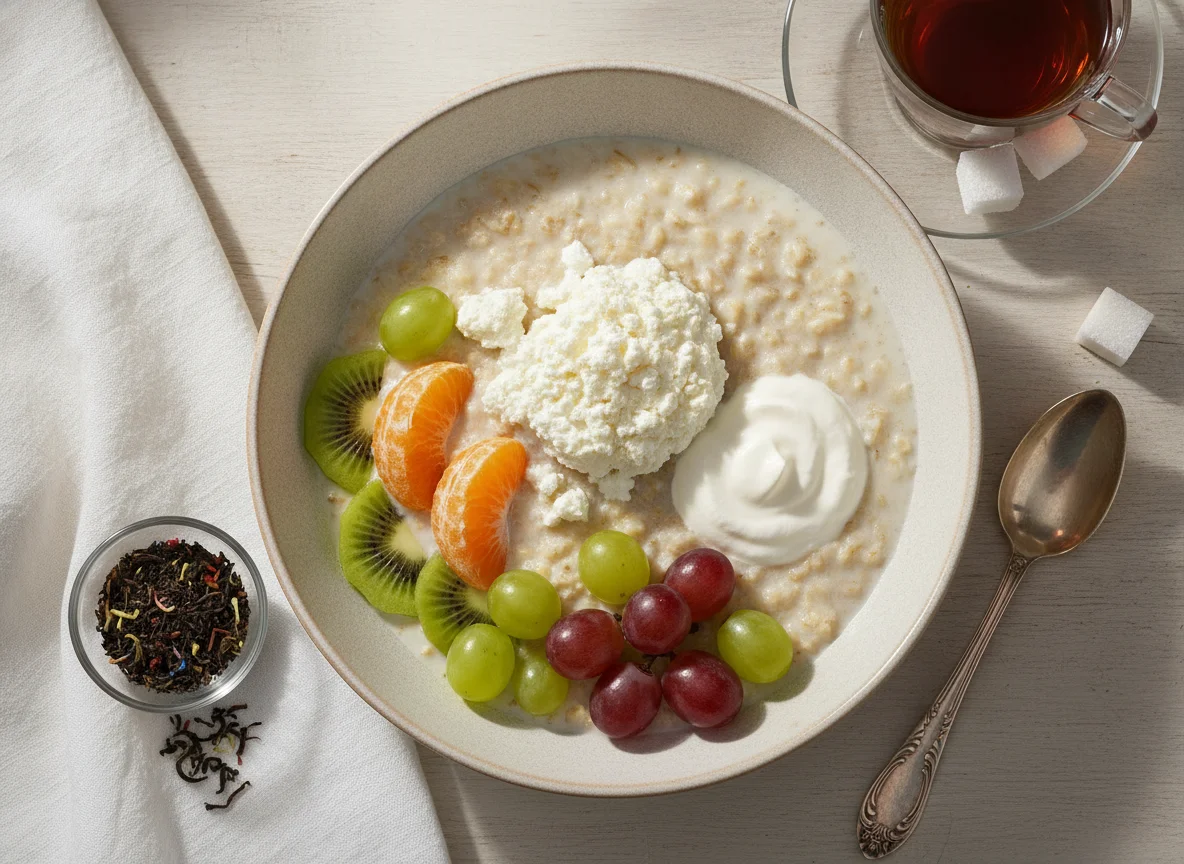 Завтрак с овсянкой, творогом и фруктами photo