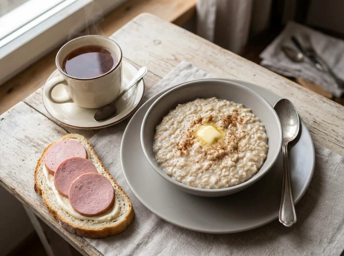 Завтрак с овсяной кашей и бутербродом photo