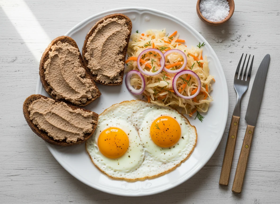 Завтрак с паштетом, яичницей и квашеной капустой photo