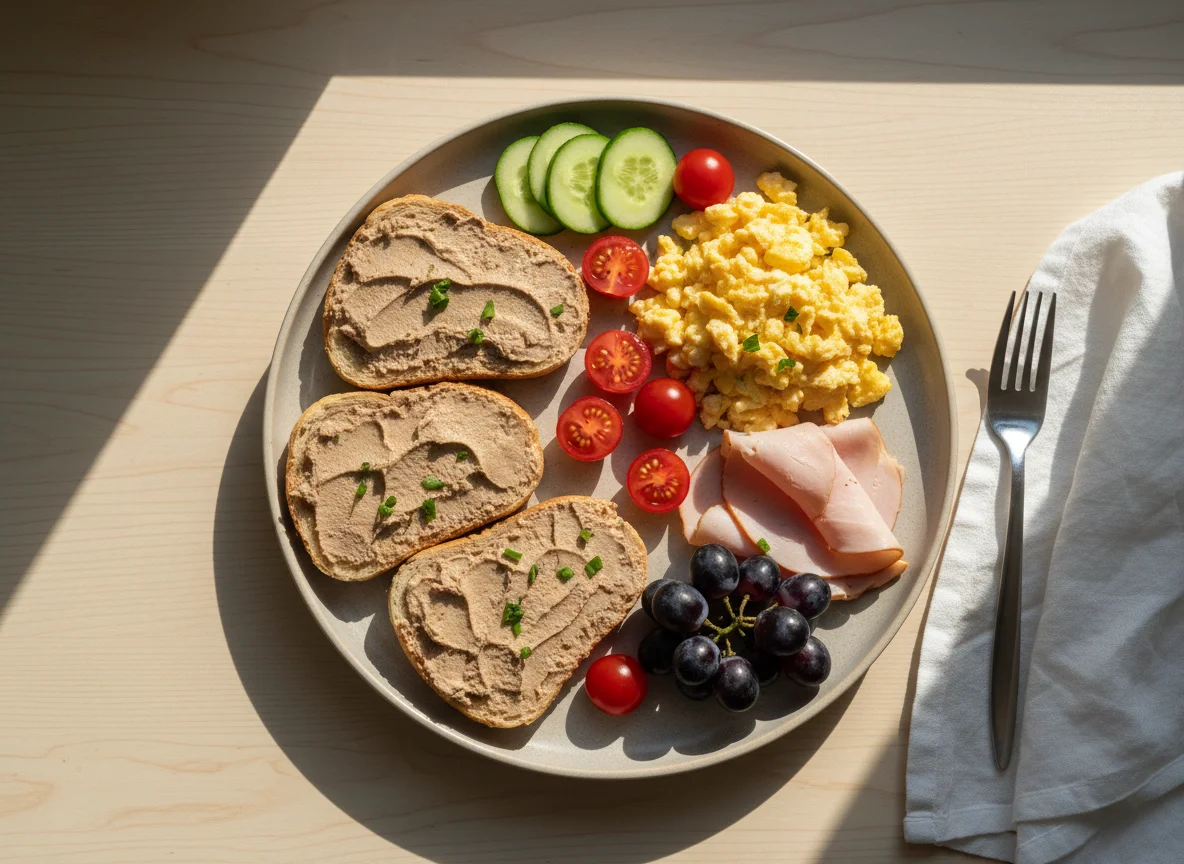 Завтрак с паштетом, яйцами и фруктами photo