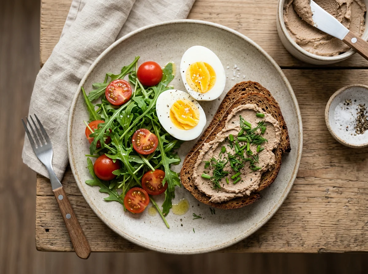 Завтрак с паштетом, яйцами и овощами photo