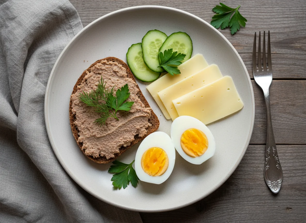 Завтрак с паштетом и яйцами photo