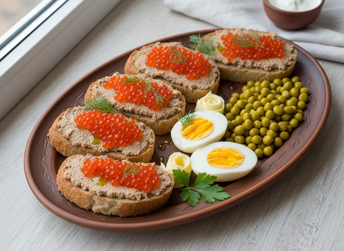 Завтрак с паштетом, икрой и яйцами photo