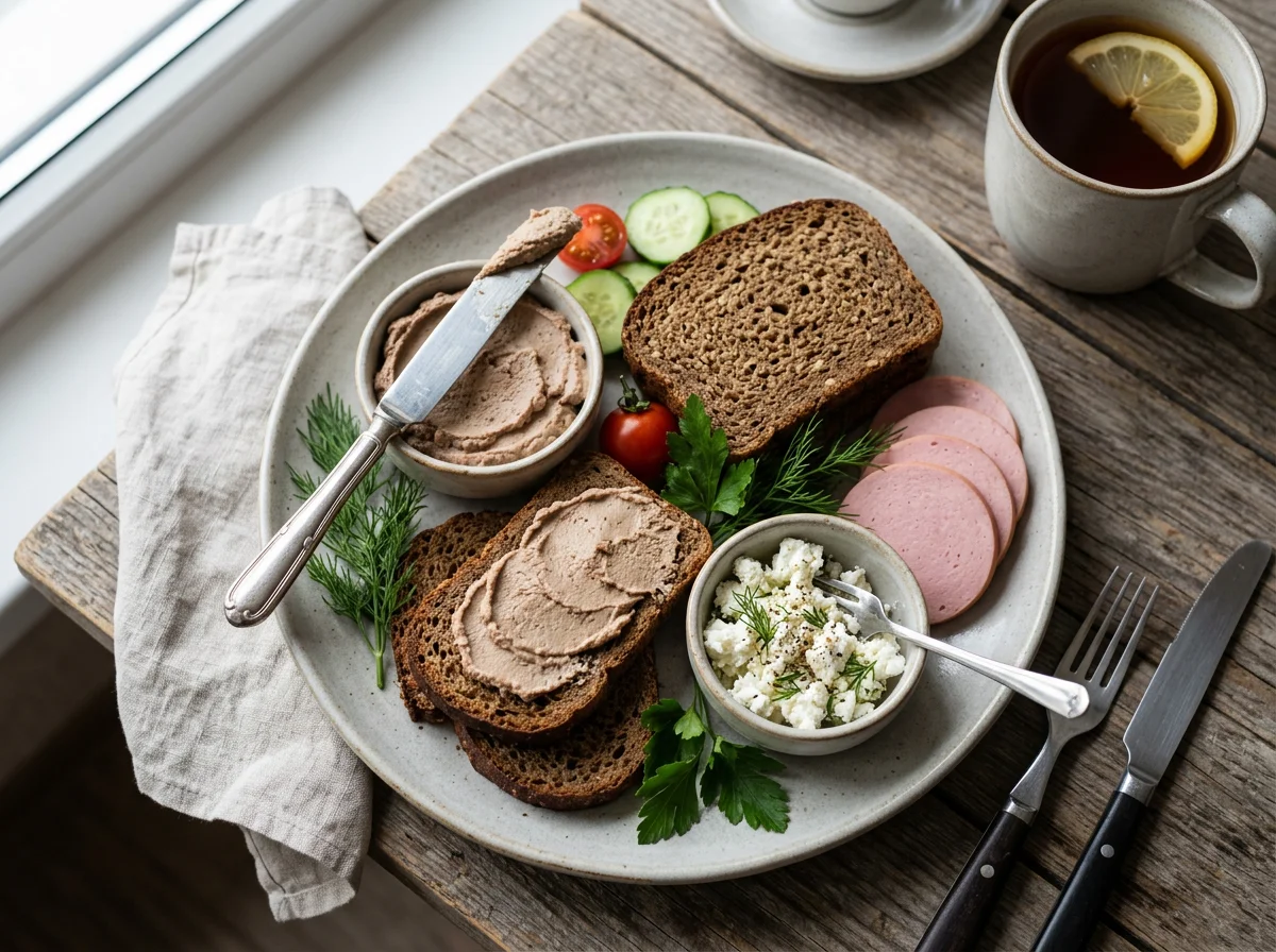 Завтрак с паштетом, колбасой и сыром photo
