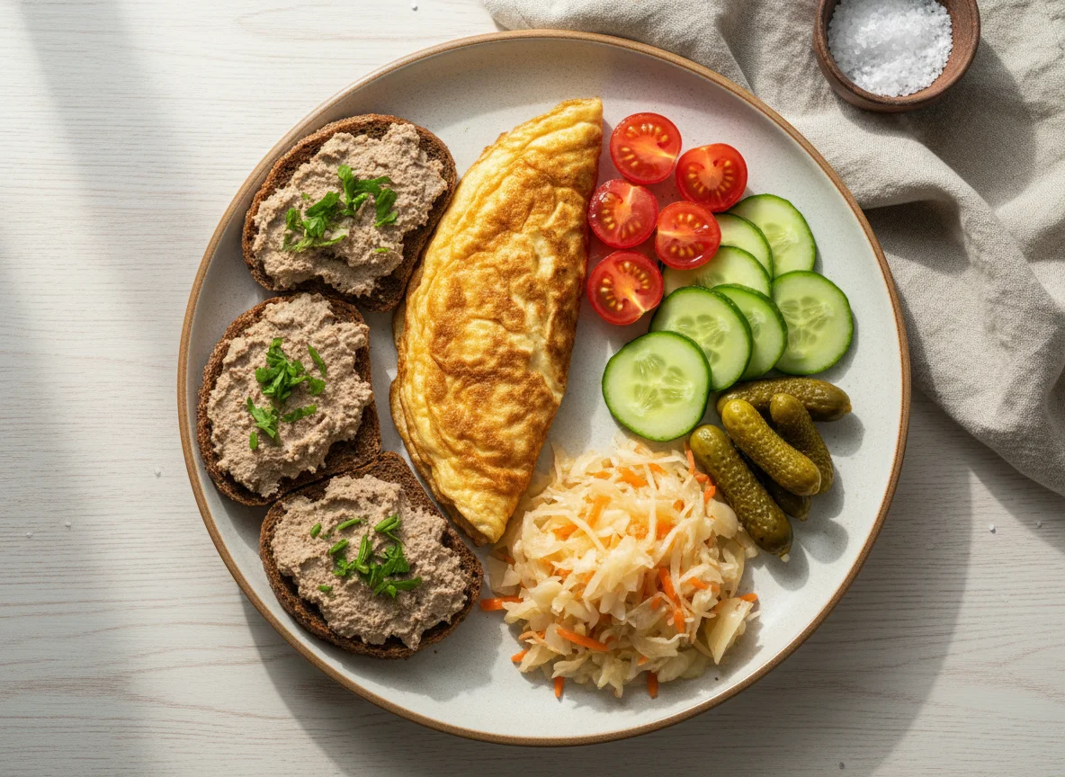 Завтрак с паштетом, омлетом и овощами photo