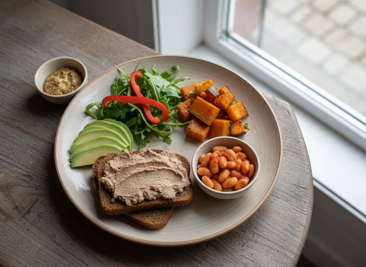 Завтрак с паштетом, овощами и фасолью photo