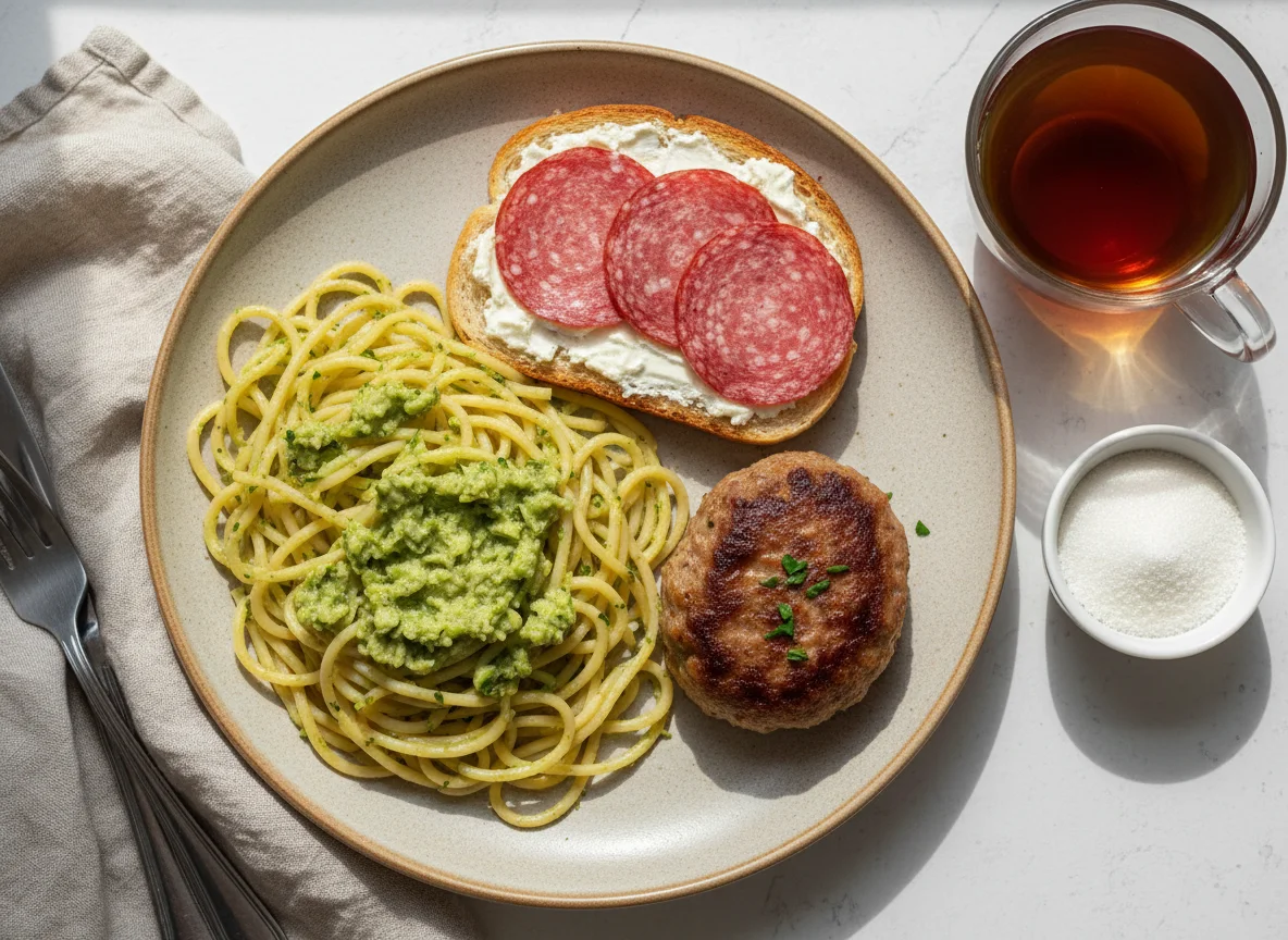 Завтрак с пастой, тостом и котлетой photo