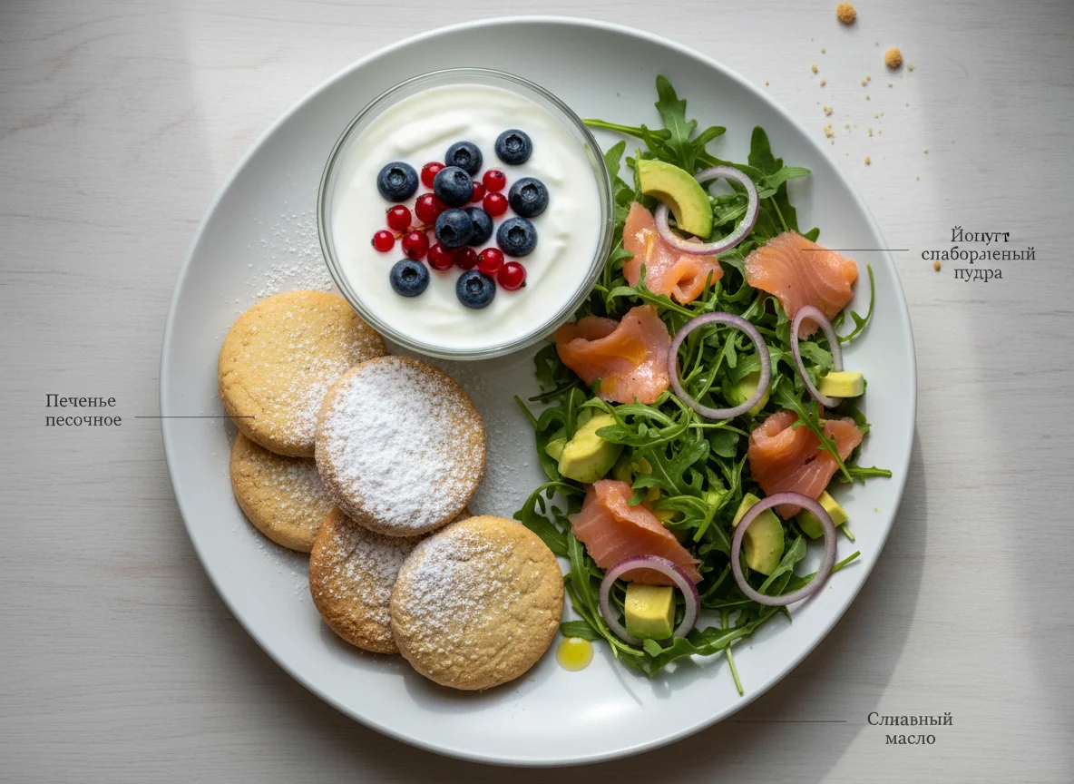 Завтрак с печеньем, йогуртом и салатом из лосося и авокадо photo